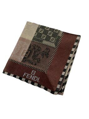 Vintage Fendi Cotton Scarf – Patchwork Logo Motif – Brown Neutrals